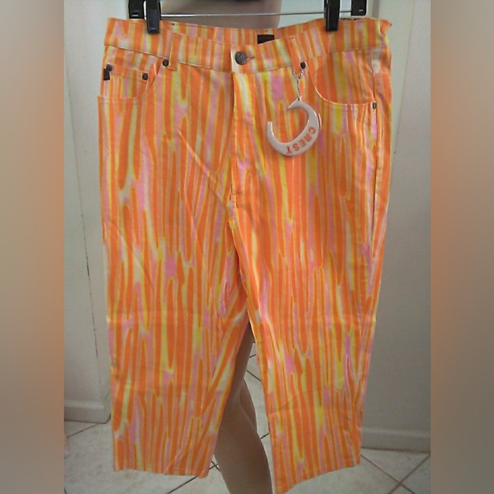 NWT CREST JEANS Capri Pants Vibrant Orange/YELLOW & Pink Striped SZ. 17/18